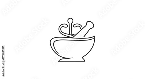 Line art vector icon of a mortar and pestle with a snake, symbolizing pharmacy, medicine, healthcare, natural remedies, and wellness.