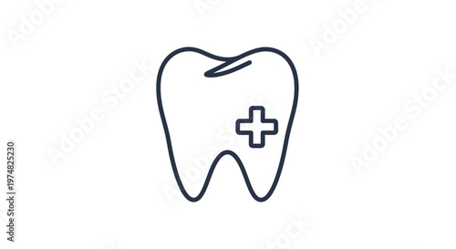 Dental care tooth icon with medical cross symbol. Outline vector for dentistry, oral health, hygiene, and clinic services. Minimalist design.