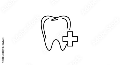 Dental care outline icon with plus sign, symbolizing tooth health, medical treatment, or adding dental services