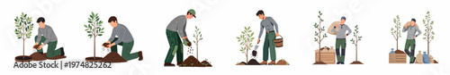 Set of illustrations showing a male gardener planting trees, fertilizing soil, and working in a nursery or garden.