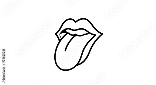 Outline illustration of open lips with a tongue sticking out. Simple black and white line art vector graphic design element.
