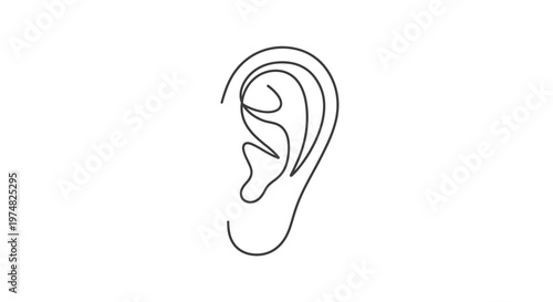 Minimalist continuous line art drawing of a human ear. Simple black outline illustration representing hearing and the auditory sense.