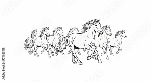 A group of horses gallop across a white background in a dynamic illustration