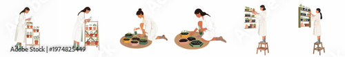 Set of illustrations depicting a young woman in a white bathrobe caring for various indoor plants and seedlings on shelves and the floor.