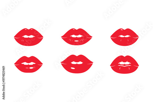 Six vibrant red lipstick kiss marks on a white background, playful and flirty mood, perfect for Valentine's Day or romantic themes