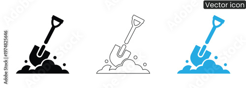 Vector icons of hand holding shovel on white background in black, Line art, And blue