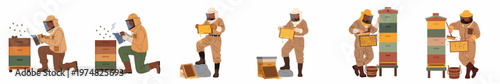 Collection of professional beekeeper characters in protective suits working with beehives, harvesting honey, and using equipment in flat illustration style.