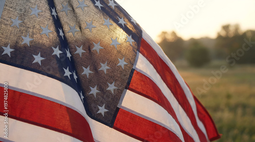 Close-Up Memorial Day American Flag Fabric in Soft Sunlight
