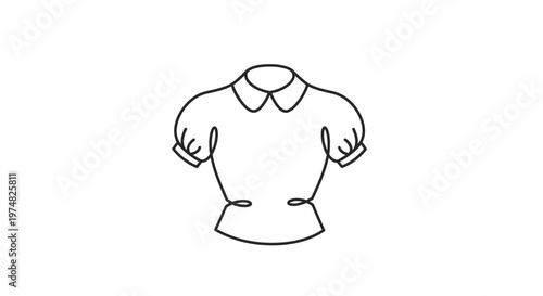 Elegant one continuous line art drawing of a classic women's blouse with a peter pan collar and puffed short sleeves. Minimalist fashion illustration.