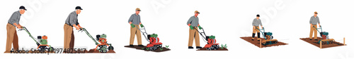 Set of flat vector illustrations depicting an elderly male farmer using a walk-behind motor cultivator to till the soil in various garden scenes.