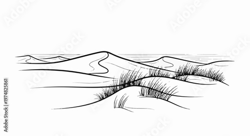 Stylized black and white drawing of rolling sand dunes with sparse grass