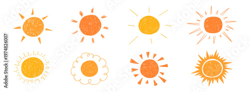 Collection of hand drawn sun symbols with different rays shapes. Simple summer weather icons isolated on white background
