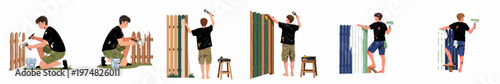 A set of illustrations showing a young man painting a wooden garden fence in various stages, using brushes and a paint roller.