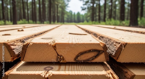 Rough cut pine lumber boards stacked outdoors with visible wood grain and prominent knots in a forest setting