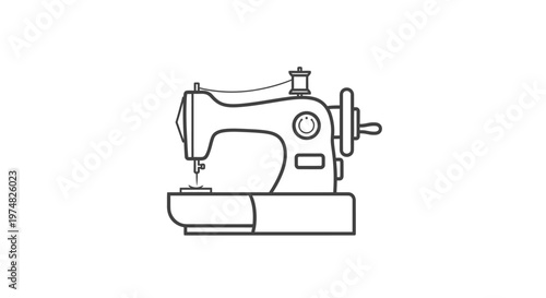 Classic Sewing Machine Line Art Icon. Retro Tailoring Equipment for Needlework, Crafting, and Fashion Design. Outline Vector Graphic.