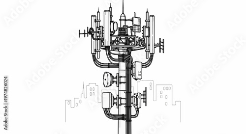 Detailed illustration of a telecommunications tower with cityscape outline