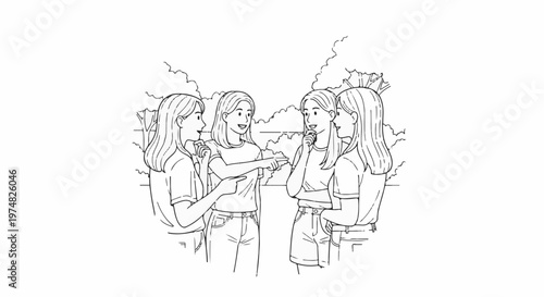 Four young women conversing outdoors amidst stylized foliage and clouds