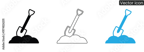 Shovel on white background vector icon in black, Line art, And blue colors