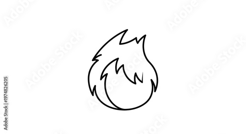 Simple line art fire icon. Black and white flame symbol for energy, heat, danger, and passion. Minimal graphic design element.