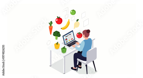 Woman Planning Healthy Meals on Laptop with Floating Fruits and Vegetables, Isometric Nutrition and Diet App Concept