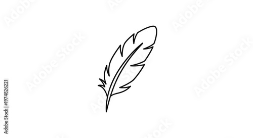 Minimalist black outline feather drawing icon. Simple vector graphic illustration of a bird quill or plume on a clean white background.
