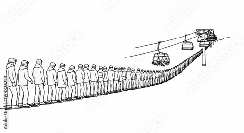 Long line of skiers waiting for a ski lift on a slope