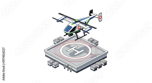 Isometric Medical eVTOL Drone Ambulance Hovering Over Helipad - Futuristic Emergency Air Transport Concept Isolated on White