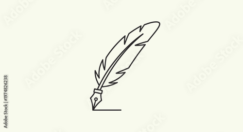 Minimalist continuous line drawing of a quill pen, symbolizing vintage writing, literature, education, and historical communication.