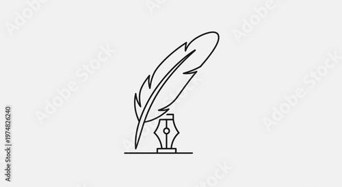 Quill pen and inkwell line art vector icon. Black and white illustration for writing, education, historical, and creative concepts.