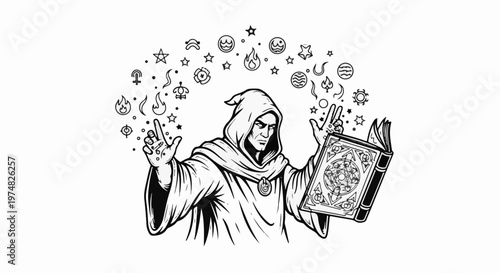 Mysterious hooded figure casting spells from an ancient book, surrounded by magical symbols