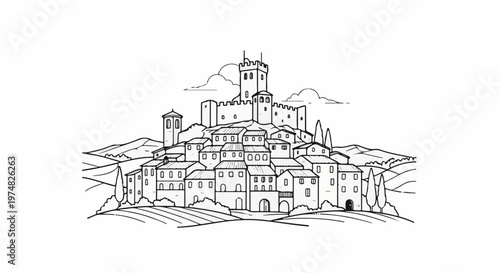 A village with a castle sits atop a hill, surrounded by rolling countryside