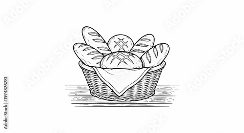 Sketch of a woven basket filled with fresh baked bread on a wooden surface