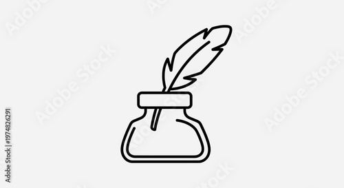 Elegant Quill Pen and Inkwell Line Art Icon. Vintage Writing Instrument Symbol for Education, History & Literature.