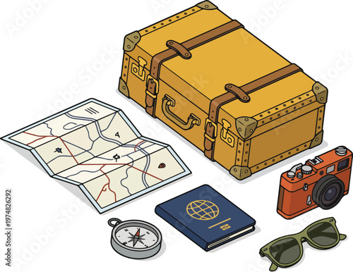Journey Essentials: A collection of vintage travel essentials, including a suitcase, map, compass, passport, camera, and sunglasses, evokes wanderlust and the spirit of adventure.