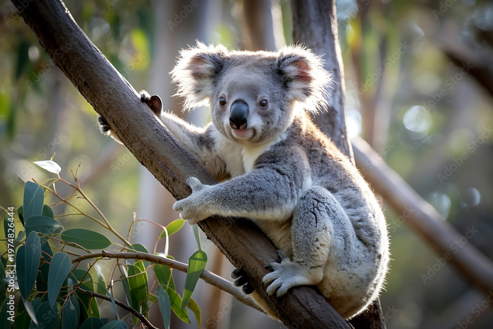 Fototapeta premium Adorable koala sitting comfortably on a eucalyptus tree branch illuminated by warm natural sunlight