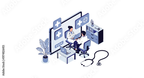 Isometric Telemedicine Illustration: Doctors Consulting via Digital Healthcare Platform on Tablet
