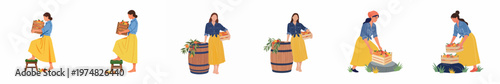 Set of illustrations depicting a young woman harvesting and carrying crates of fresh fruit in various poses, featuring barrels and stools.