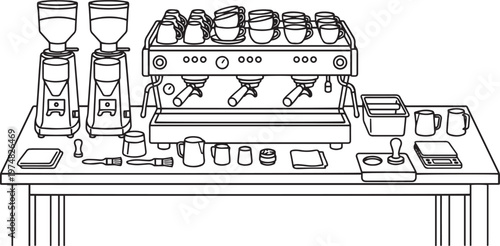 Coffee Shop essentials: coffee machine and accessories. A detailed illustration of a coffee shop setup.