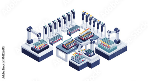 Automated Robotic Laboratory for Medical Research and Biotech Testing Isometric Vector Illustration - High-Tech Diagnostic Equipment with Robotic Arms and Pipettes