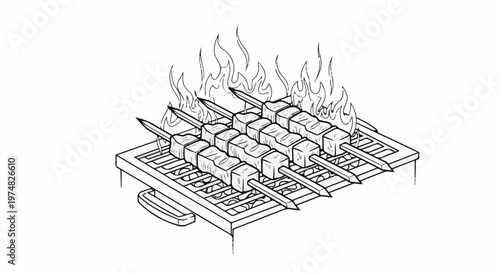 Meat skewers sizzling over a charcoal grill with dancing flames above