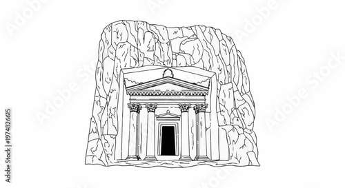 Ornate tomb carved into a rocky cliff face with columns