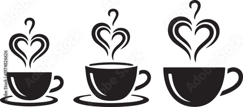 Three coffee cups with steam forming heart shapes in varying degrees of completion