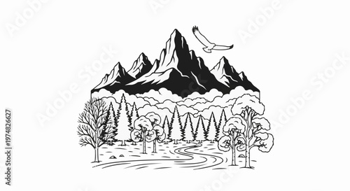 Majestic mountain peaks overlook a forest with a winding path and soaring bird