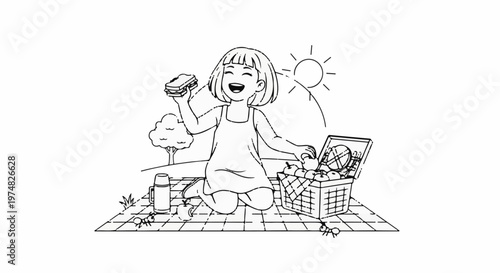 Joyful child enjoying a sunny picnic with a basket full of fruits