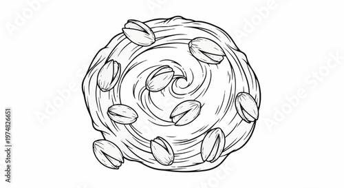 Swirled frosting topped with scattered pistachios, black and white illustration
