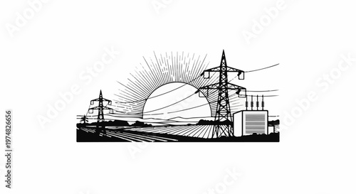 Sunrise over rural landscape with power lines, pylons, and substation