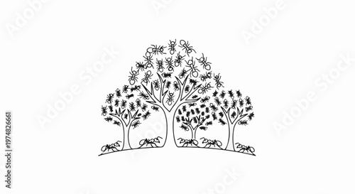 Numerous ants swarm on three stylized trees against a white background