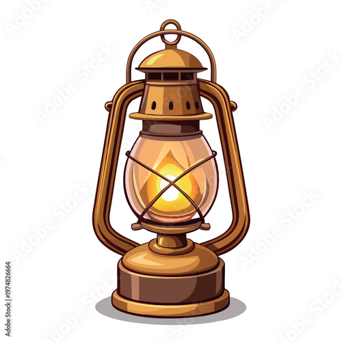 a vintage oil lantern with glowing flame, detailed metal frame, warm colors