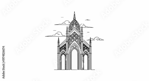 Ornate, pointed Gothic cathedral with arched windows and a central dome
