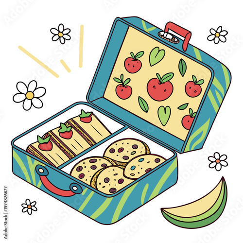 a colorful lunch box with sandwiches, fruits, juice, and drinks, clean outline style, minimal design